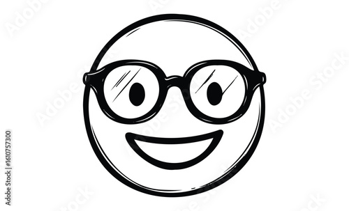 Black and white smiley face with glasses illustration. Vector retro hand drawn illustration