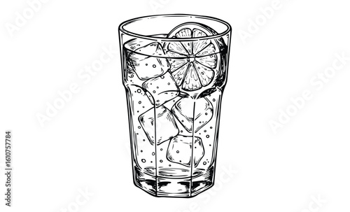 Hand-drawn sketch of a refreshing lemonade glass with ice cubes and lemon slice. Vector retro hand drawn illustration