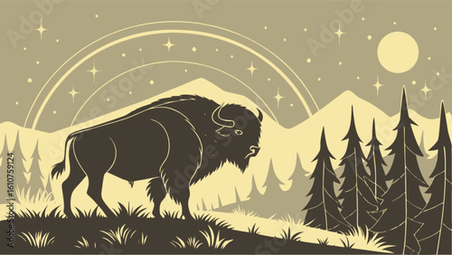 Silhouette of a bison standing in a field with trees mountains and a moon in the background scene