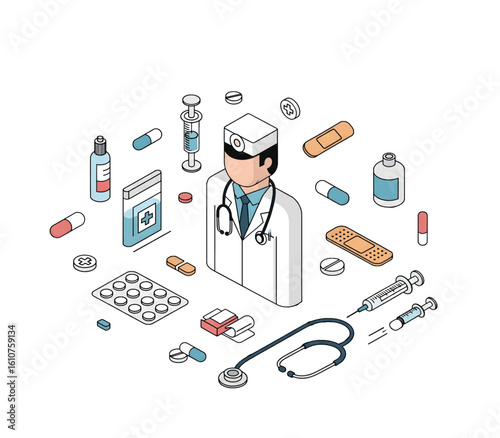 Medical cartoon with doctor and healthcare elements