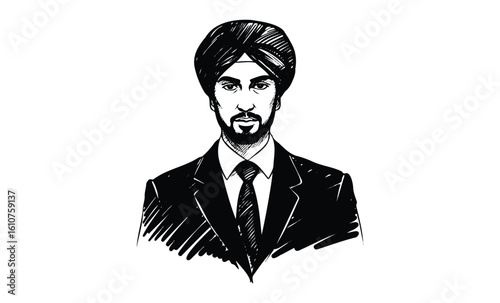 Sketch of young caucasian male in suit and turban. Vector retro hand drawn illustration