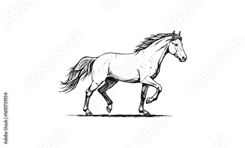 Graceful trotting horse sketch in black and white. Vector retro hand drawn illustration