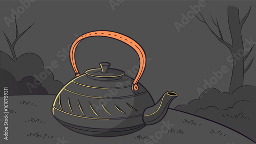Illustration of a dark teapot with an orange handle sitting on grass in a dimly lit outdoor scene