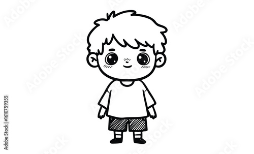 Cute cartoon boy with spiky hair in casual outfit, black and white illustration. Vector retro hand drawn illustration