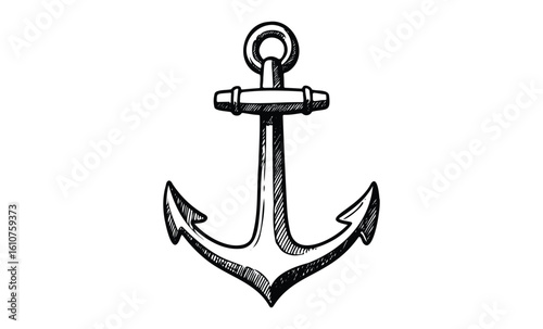 Hand-drawn nautical anchor sketch with detailed shading. Vector retro hand drawn illustration