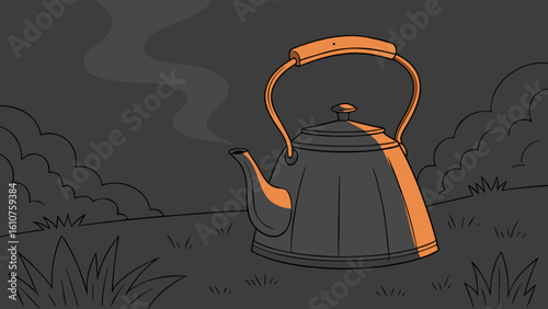 Illustration of a steaming kettle on the ground with grass and clouds in the background at dusk time