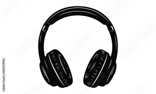 Black over-ear headphones illustration. Vector retro hand drawn illustration