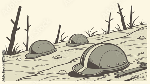 Illustration of helmets on a desolate landscape with dead trees and sparse vegetation in neutral tones