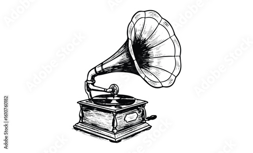 Vintage gramophone drawing with detailed elements and classic design. Vector retro hand drawn illustration