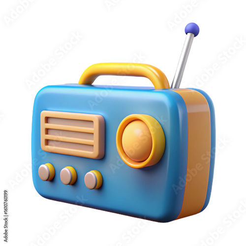 Blue and yellow radio with rounded knobs and minimal design