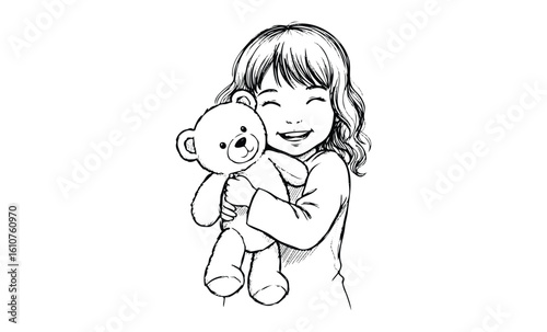 Joyful asian female child with teddy bear illustration. Vector retro hand drawn illustration