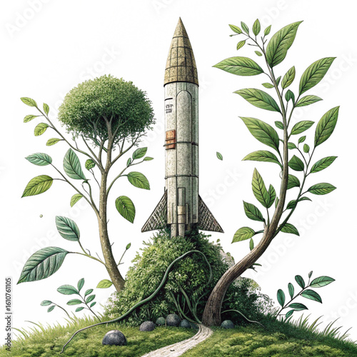 Fantasy rocket launching from mossy landscape with leaves around it showing nature fusion and creativity