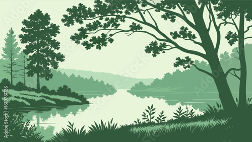 Green monochrome landscape featuring a serene lake surrounded by lush trees and vegetation scenery view