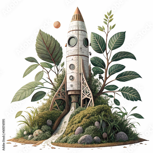 Botanical rocket with futuristic design rooted in green natural elements standing tall in fantasy setting