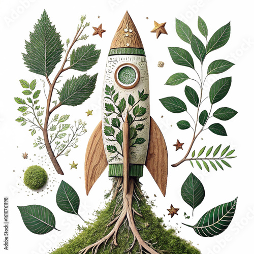Rocket standing among abstract foliage elements representing creativity nature and futuristic vision