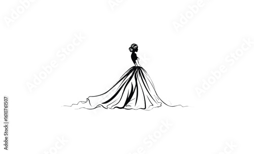 Elegant silhouette of a caucasian female in flowing gown. Vector retro hand drawn illustration
