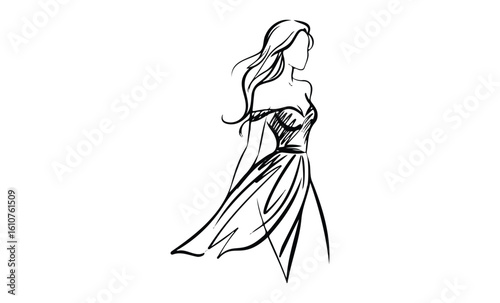 Elegant female silhouette with flowing dress sketch in black and white. Vector retro hand drawn illustration