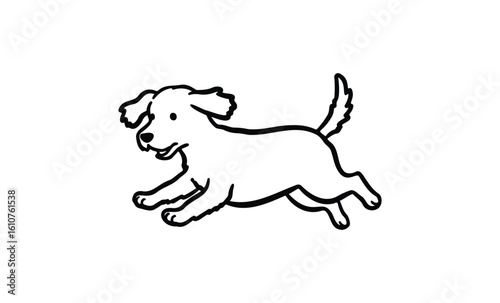Black outline of cute cartoon dog running happily. Vector retro hand drawn illustration