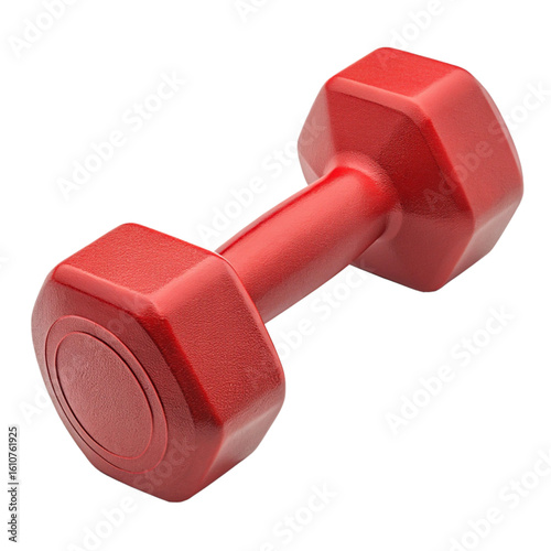 Red rubber dumbbell with compact design representing fitness lifestyle and indoor gym workout equipment