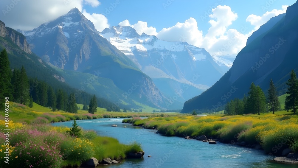 Fototapeta premium River Winding Through a Mountain Valley, Framed by Snowy Peaks and Wildflowers