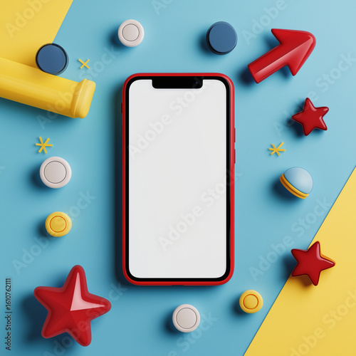 Top down view of a smartphone with red case surrounded by colorful objects