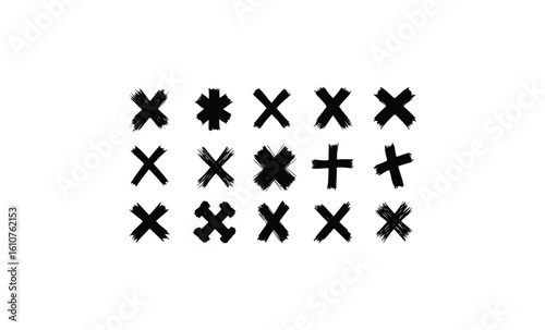 Abstract set of black brushstroke x marks. Vector retro hand drawn illustration