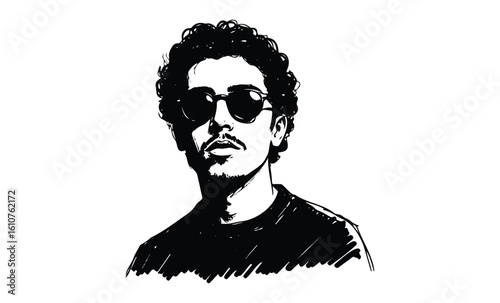 Monochrome portrait of young hispanic male with sunglasses and curly hair. Vector retro hand drawn illustration