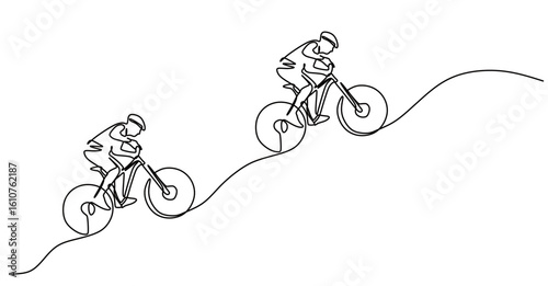 Continuous line art of a man cycling on a winding, uphill road. cycling race concept