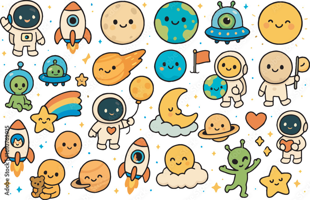 Fototapeta premium Cute Kawaii Space Clipart Set with Astronauts, Aliens, and Planets