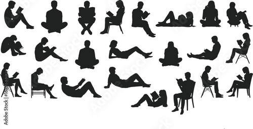 A diverse set of people reading books in various seated and reclining poses, isolated black silhouettes for education or library themes, cad drawing flat vector illustration.