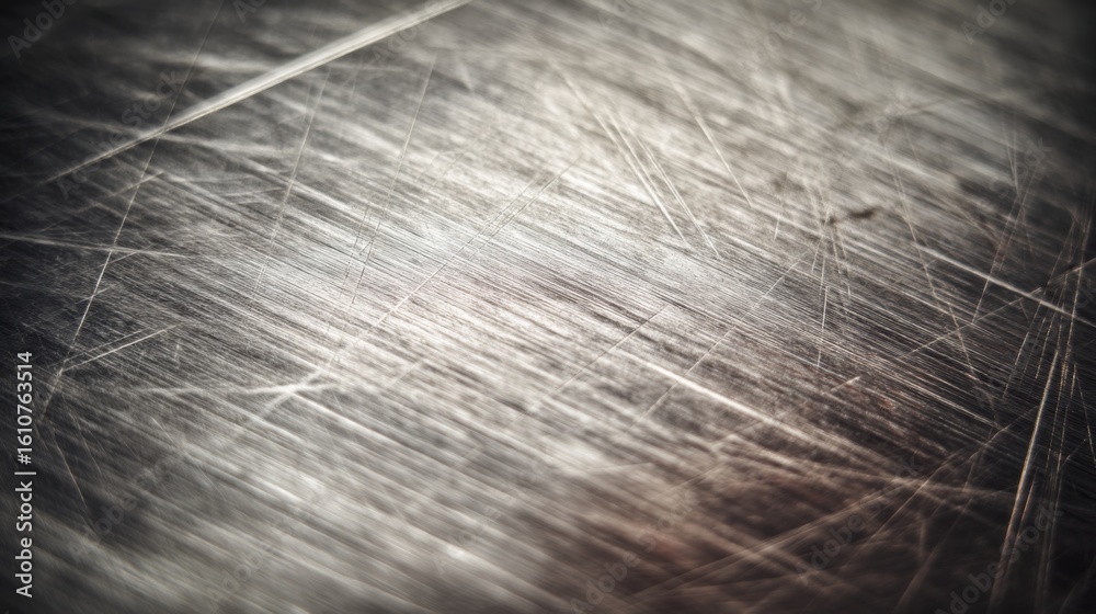 Obraz premium Extreme close-up of a textured silver-grey metallic surface with numerous scratches and scuffs,
