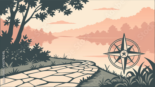 Scenic landscape with stone path leading to a lake and compass rose under a pastel sky view scene