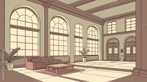 Illustration of a grand hall with large arched windows and a sofa in a light brown color palette