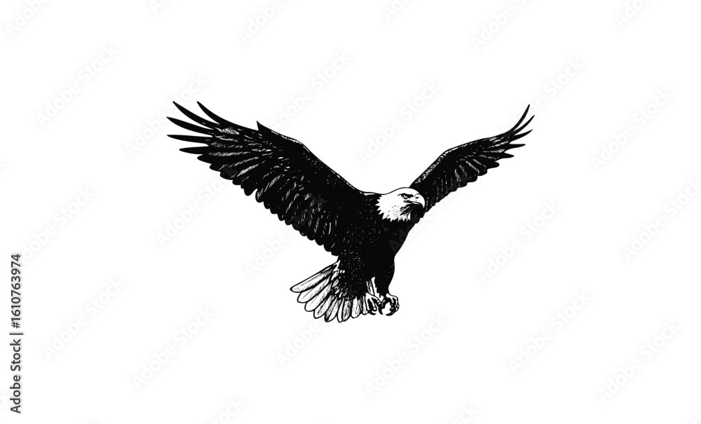 Obraz premium Black and white bald eagle illustration with outstretched wings. Vector retro hand drawn illustration