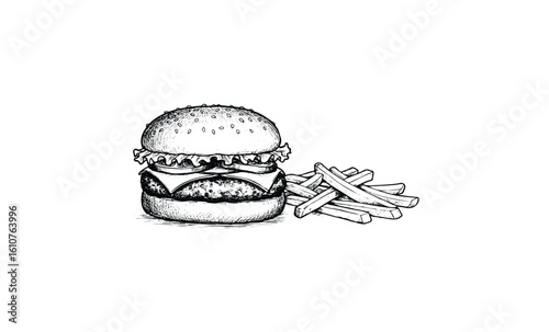 Vintage style burger and fries illustration with detailed sketch design. Vector retro hand drawn illustration