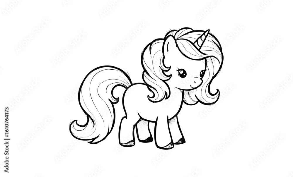 Fototapeta premium Cute cartoon unicorn with flowing mane black and white outline for coloring. Vector retro hand drawn illustration