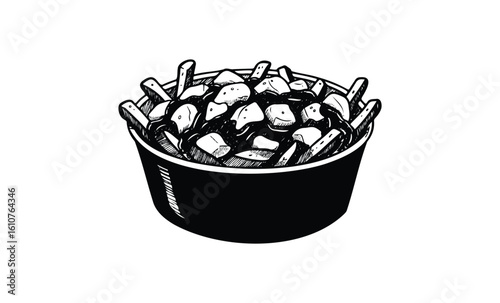 Monochrome sketch of classic poutine dish with fries and cheese curds. Vector retro hand drawn illustration