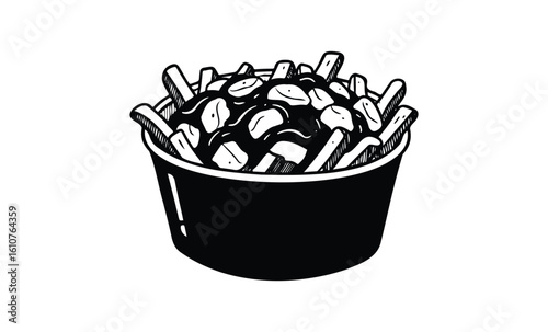 Black and white illustration of canadian poutine with fries and cheese curds. Vector retro hand drawn illustration