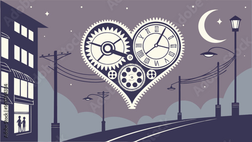 Heart shaped clockwork with gears and roman numerals in a cityscape at night with moon and stars