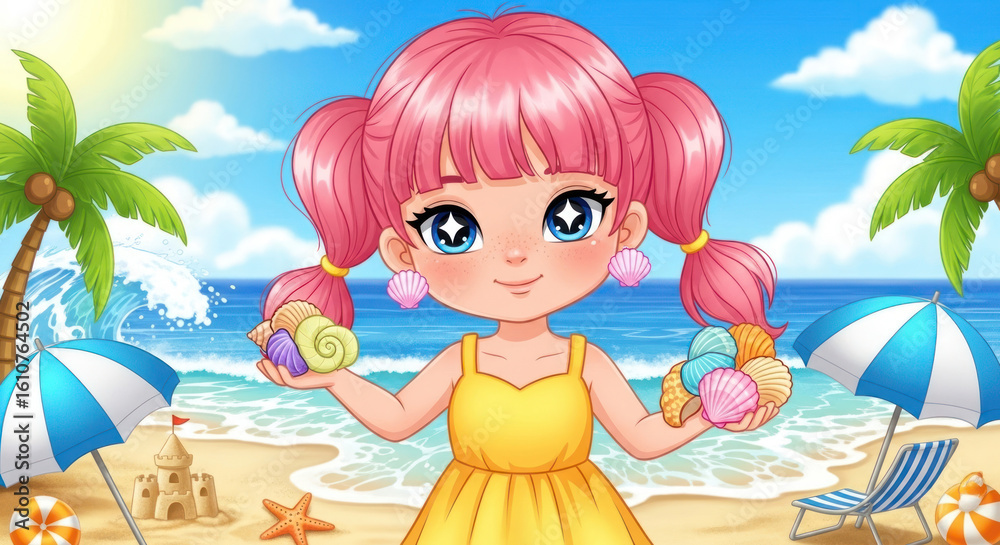 Naklejka premium Girl at the Beach Illustration