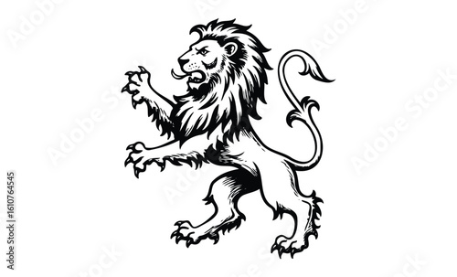 Heraldic lion illustration in black and white roaring with majestic mane. Vector retro hand drawn illustration
