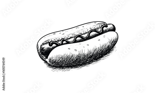 Detailed black and white sketch of a classic hot dog with mustard topping on bun. Vector retro hand drawn illustration