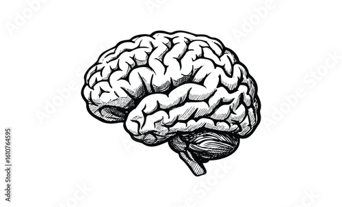 Hand-drawn black and white brain illustration with detailed cerebral structure. Vector retro hand drawn illustration