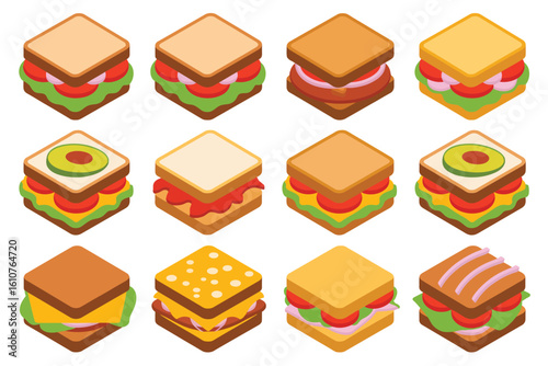 Collection of twelve isometric sandwiches with various fillings and bread types