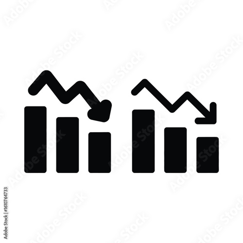 Two simple black bar charts showing a downward trend with arrows