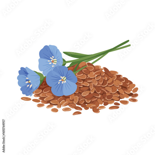 Pile of flax seeds with delicate blue flax flowers and green stems