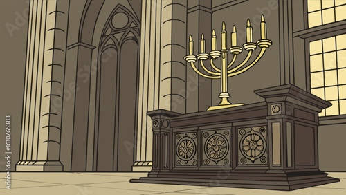 Illustration of a golden menorah on a decorated altar inside a large building with tall columns
