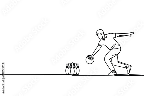 Line drawing of a bowler in action preparing to throw a bowling ball at pins