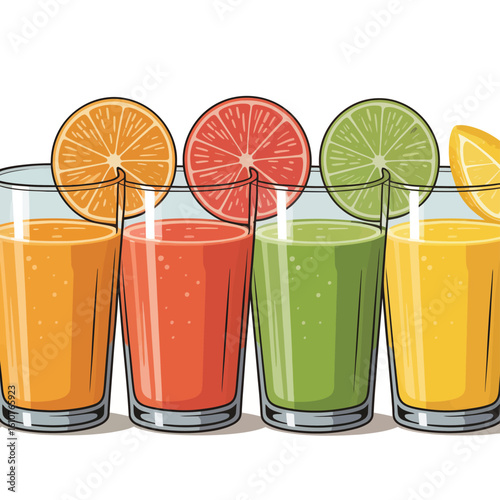 Four colorful glasses of fresh fruit juice with citrus slices on top