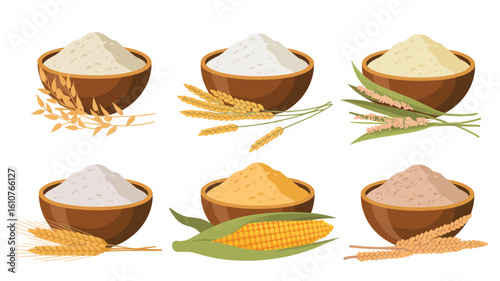 Six bowls of different flours and grains